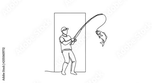 Fisherman catching fish with fishing rod, continuous line drawing, minimalist style