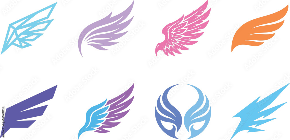 Fototapeta premium Stylized colorful feather wing vector icon set with heraldic freedom flying and tattoo logo symbols