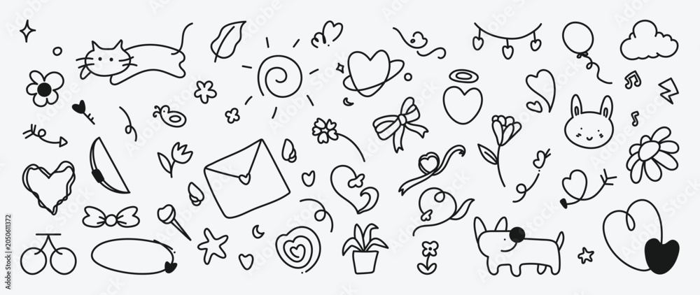 Fototapeta premium Cute doodle vector set. Hand drawn black line art icons with hearts, animals, flowers, envelope, bow, balloon, cloud and playful decoration.