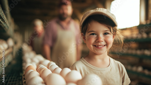 A young girl happily collecting freshly laid eggs from a coop, surrounded by her family and their working farm