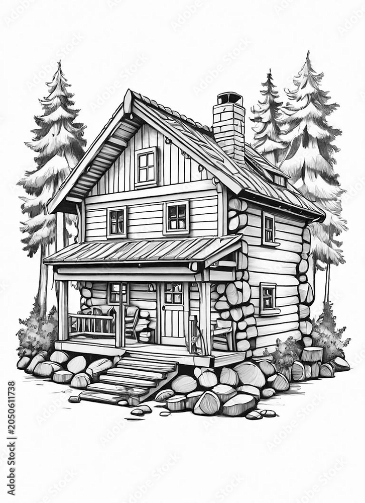 Naklejka premium Rustic Cabin in the Woods: A charming log cabin, nestled among tall pine trees, features a stone foundation and a welcoming porch, evoking a sense of peaceful solitude and natural retreat.