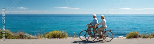 Two elderly people ride bicycles side by side along a coastal road with the ocean and clear sky in the background.