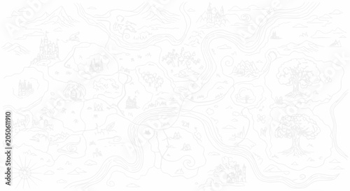 Bild auf Leinwand Fantasy World Map Illustration - Ancient Cartography Design with Mountains, Rive
