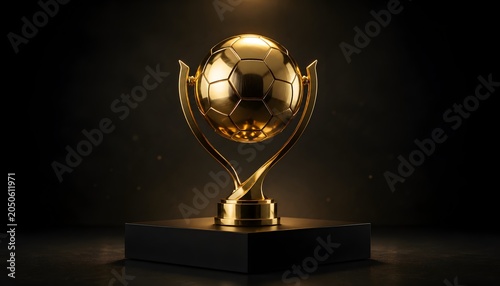 Premium golden soccer ball trophy glowing on black base celebrating championship victory