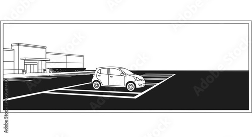 Car parked in a designated parking space outside a modern building.