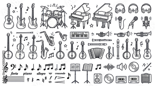 Photos Hand-drawn musical instruments and symbols doodle collection
