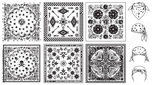 Set of bandana pattern designs with ornamental and traditional motifs ornamental traditional