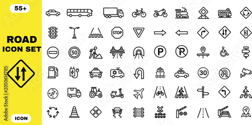 Quadro su tela Road icon set with 55 transportation and navigation symbols