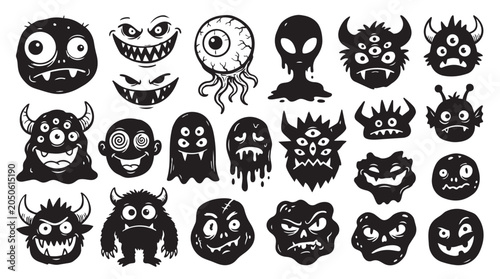 Funny cartoon monster faces and creepy creatures hand-drawn silhouettes with creature, halloween