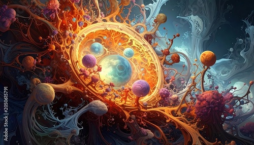 An abstract swirling composition of organic forms. Swirling tendrils of color surround spheres. A vivid blend of hues