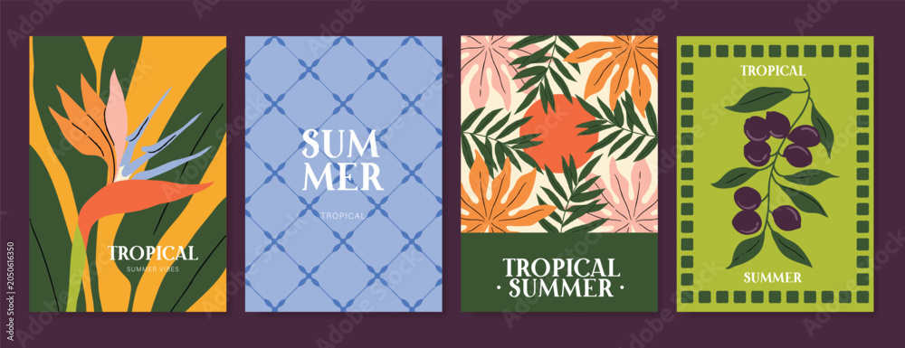 Obraz premium Abstract tropical summer background poster vector set. Minimal hand drawn Card design with monstera leaf, palm leaves. Painting for summer season, wall decoration, interior, background.