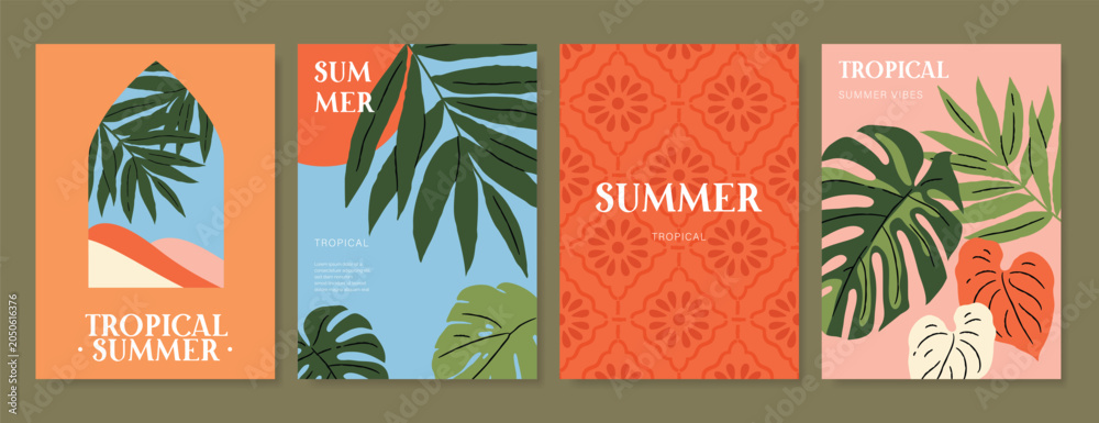 Obraz premium Abstract tropical summer background poster vector set. Minimal hand drawn Card design with monstera leaf, palm leaves. Painting for summer season, wall decoration, interior, background.
