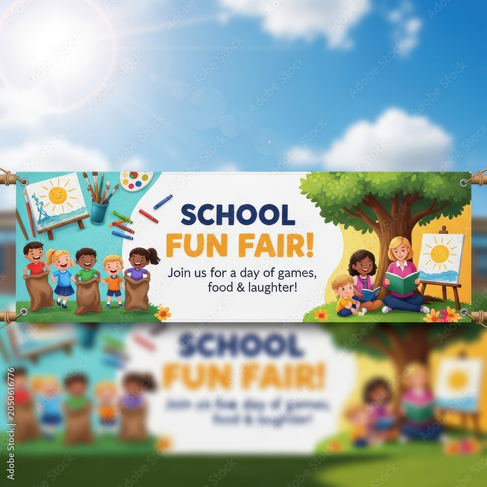 Fototapeta premium School Fun Fair Banner with Kids Playing Games and Art Activities