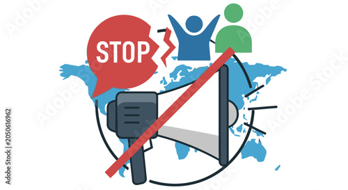 Obraz na plátne Stop propaganda illustration with world map and silenced megaphone