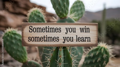 A wooden sign with an inspirational quote in front of a cactus plant in the desert