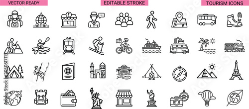 Tourism And Travel Line Icons Bundle Editable Stroke Vector Collection For Adventure Transportation Landmarks Vacation And Destination Design