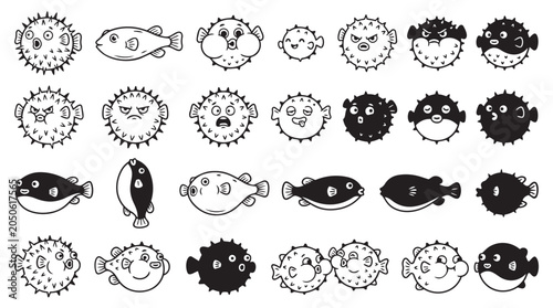 Puffer fish sketch and silhouette design elements set with pufferfish blowfish underwater