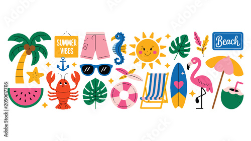 A vibrant beach scene illustration featuring a sun, flamingos, and various summer elements.