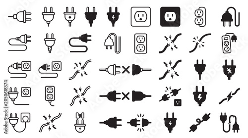 Electrical outlet and power plug icon set representing connection disconnection broken wires