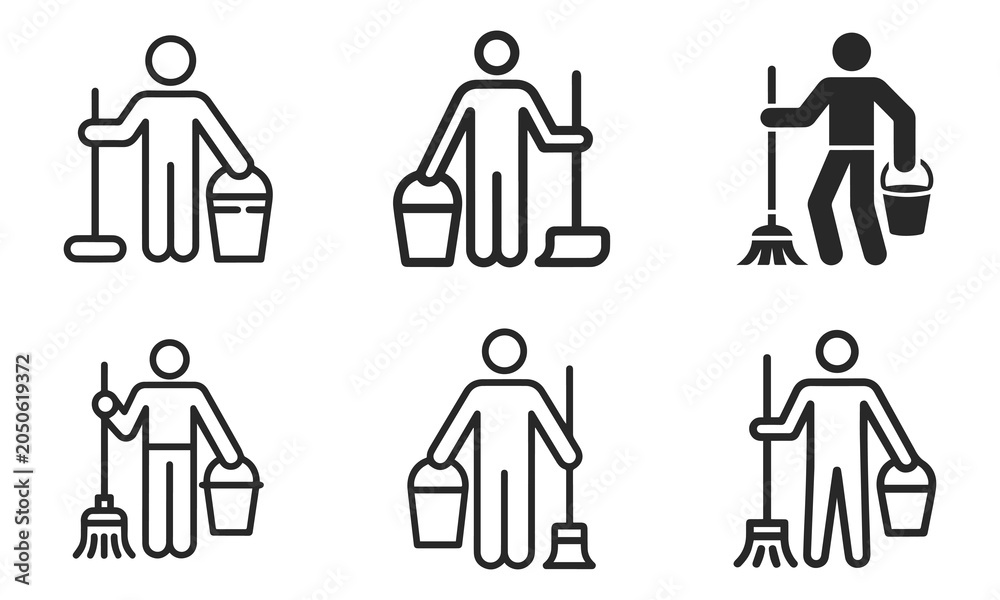 Obraz premium Set of cleaning service icons showing people with brooms and buckets for janitorial and housekeeping maintenance tasks.