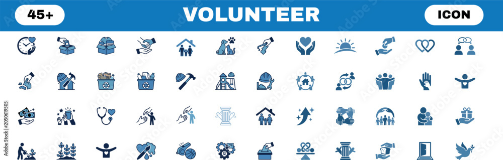 Fototapeta premium Volunteer icons collection 45 blue and white illustrations for community and charity