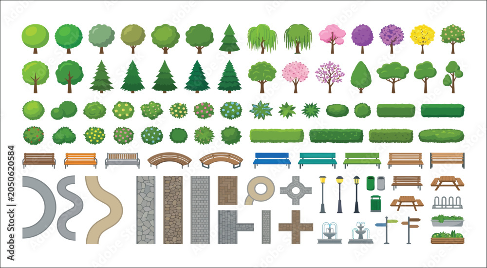 Fototapeta premium Trees Benches And Garden Elements Vector Illustration On White Background