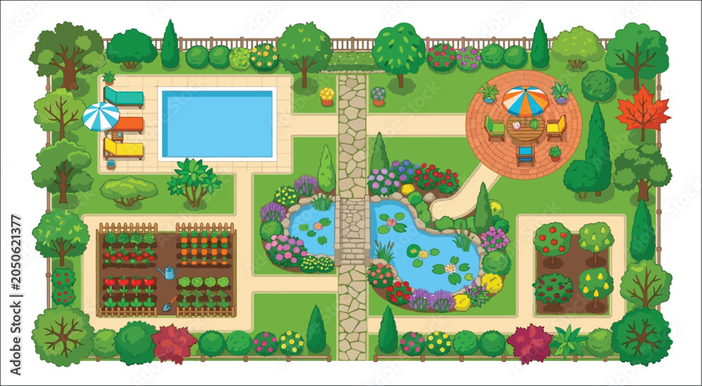Fototapeta premium Garden Landscape Illustration With Pool And Pond Top down View