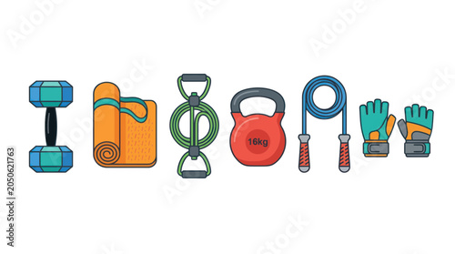 Fotografía Fitness Equipment Collection: Dumbbell, Yoga Mat, Resistance Bands, Kettlebell,