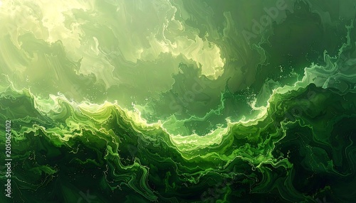 An abstract swirling composition using shades of green. It resembles a gaseous, luminous, and ethereal landscape with textures