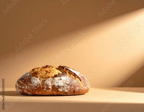 Freshly Baked Artisan Bread on a Minimalist Table with Soft Natural Light Illumination