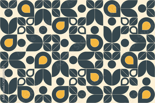Modern geometric floral pattern with repeating retro-inspired shapes in dark blue and mustard yellow on a cream background, ideal for wallpaper, textiles, and surface design.