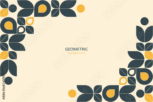 Elegant geometric floral background with retro-inspired navy and mustard motifs framing a clean central copy space, ideal for branding, posters, packaging, and modern design.