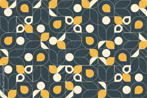 Modern geometric floral pattern with repeating retro-inspired shapes in cream and mustard yellow on a dark blue background, ideal for wallpaper, textiles, and surface design.