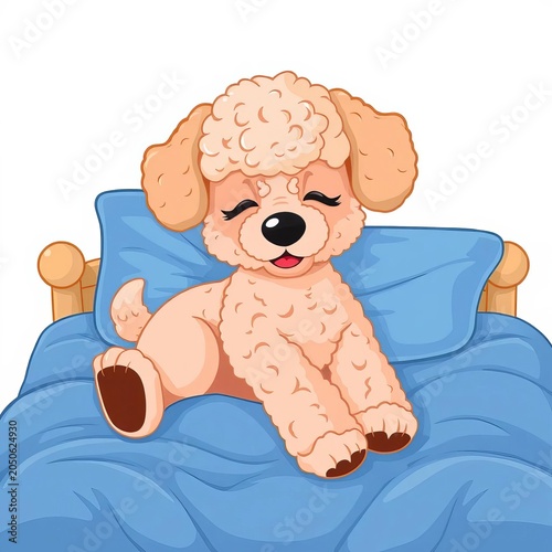 A cartoon toy poodle sleeping on a blue bed flat vector illustration on a white background, illustration, night