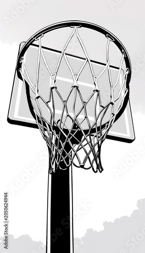 A black and white illustration of a basketball hoop, hoop, silhouette