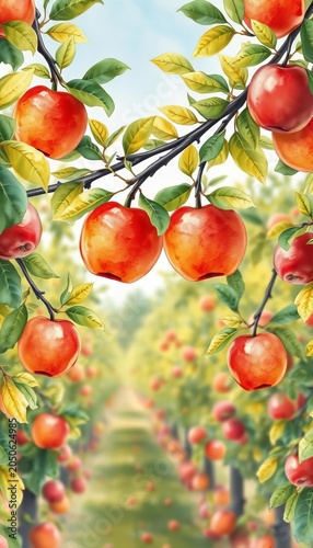 A vibrant watercolor illustration of apples hanging from tree branches in a fall orchard setting, with soft watercolor brushstrokes and subtle texture, country, rustic