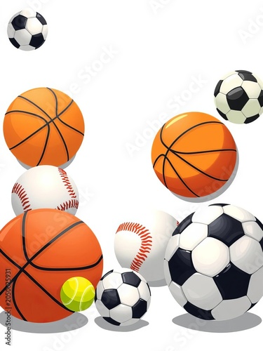Illustrations of various sports balls, including soccer, basketball, baseball, tennis, and football, recreation, || balls