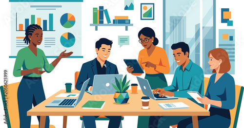 Quadro su tela Modern business team illustration showing employees interacting and sharing crea