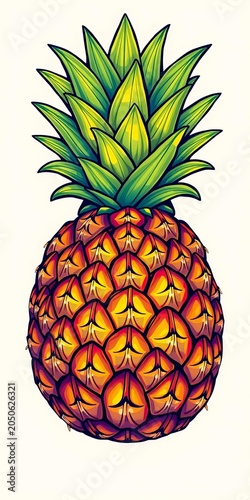 Pineapple fruit illustration with vibrant colors and intricate lines, produce, ||multicolor