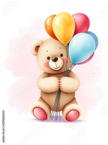 Soft pink watercolor background with sweet teddy bear holding bouquet of pastel balloons, sweet, ||watercolor