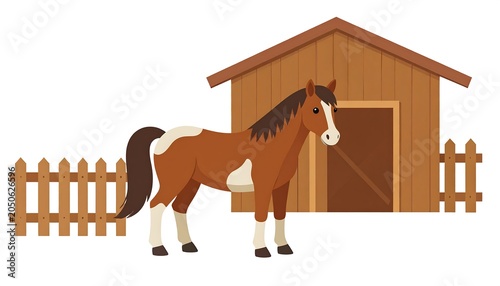 An illustrated depiction of a brown and white horse standing near a wooden stable and fence. The style is simple and cartoonish