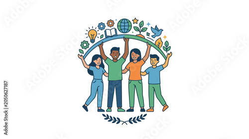 Fotografia Diverse Group of Students Holding Up a Global Education Arch