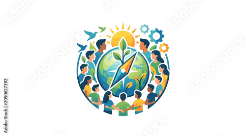 Canvas Print Diverse People United Around Earth Globe Compass Symbol
