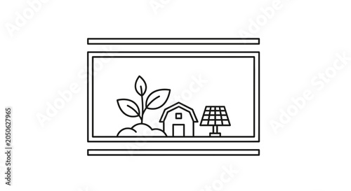 Eco-friendly farm with solar panel and growing plant icon