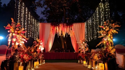 Romantic outdoor wedding backdrop featuring rich draped fabric illuminated by warm fairy lights
