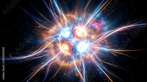 Vibrant cosmic explosion featuring glowing blue and orange energy rays radiating outward into deep space creating a dynamic celestial display of light and motion art