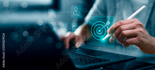 Bilde på lerret Business person using stylus and laptop with virtual AI workflow process icons s