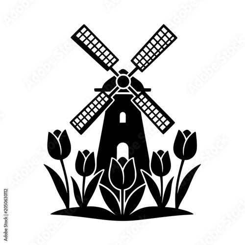 Black silhouette of a Dutch windmill and tulips, isolated on a transparent background. Perfect for travel icons.