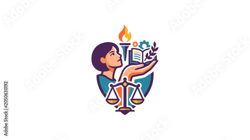 Educational Law and Justice Logo Concept with Student Holding Book and Scales