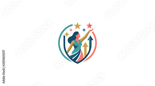 Empowered Woman Reaching for Stars and Growth Arrows Logo